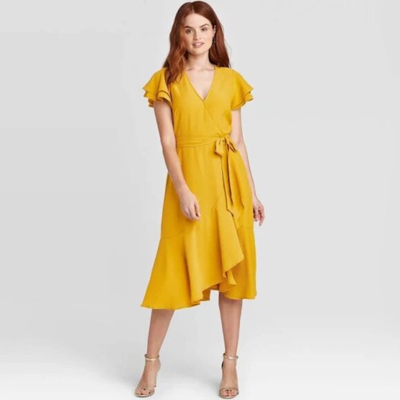 A New Day Mustard Gold Yellow Midi Wrap Dress L/Large - Picture 1 of 7